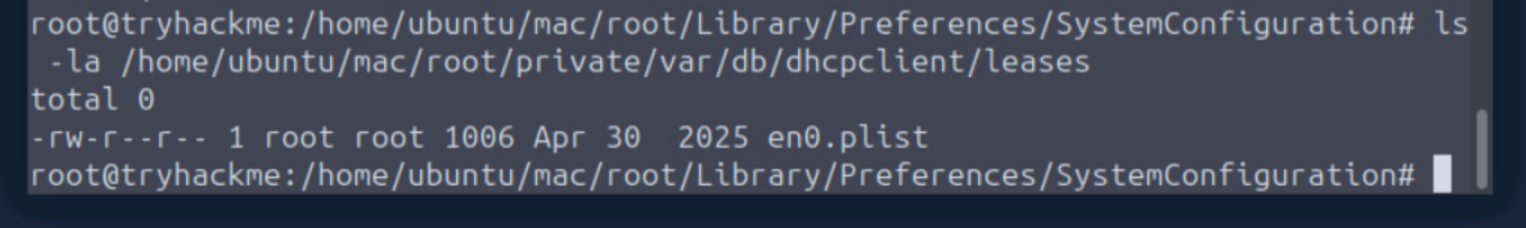 ls -la of DHCP leases directory showing en0.plist